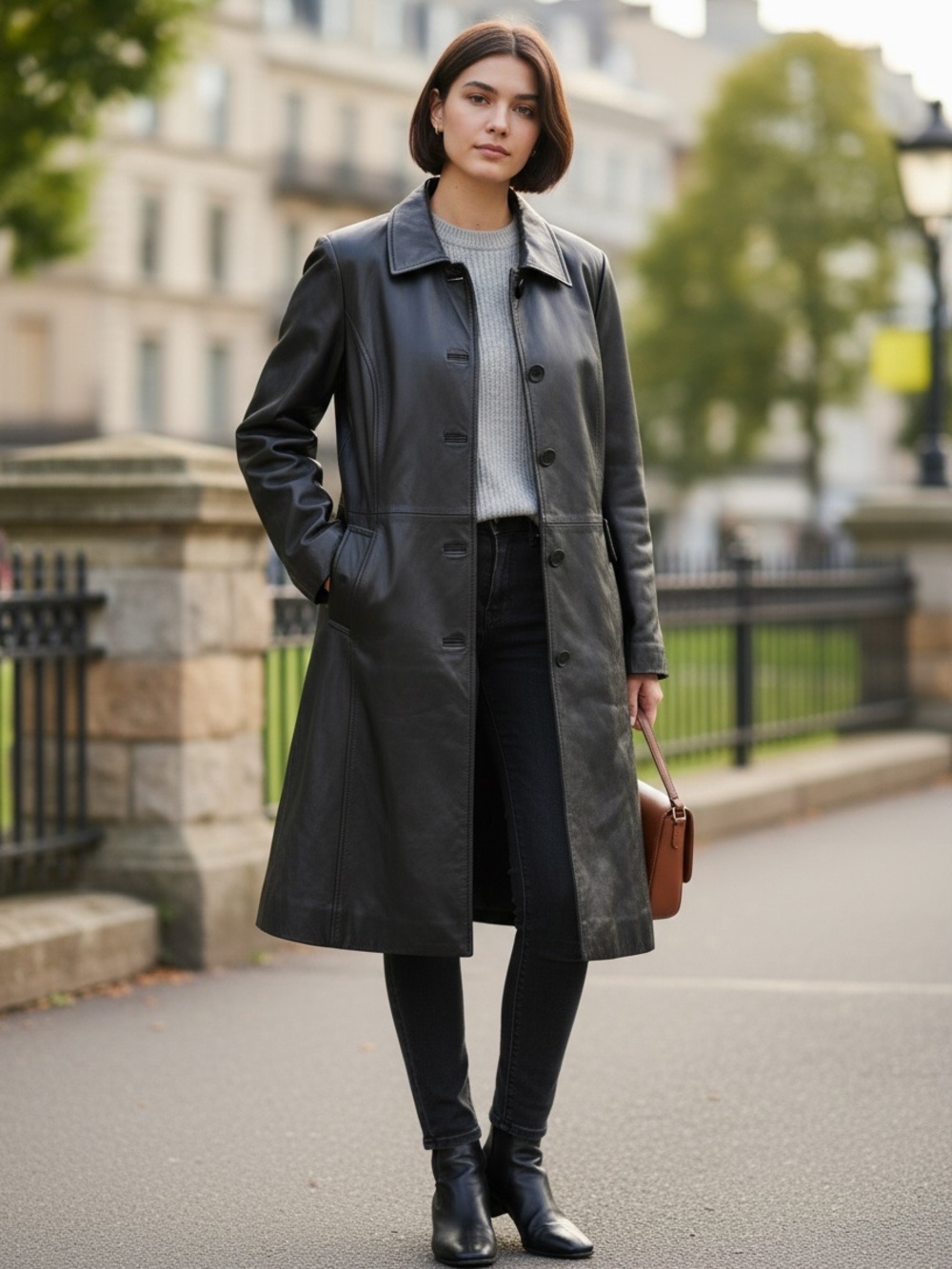 Covington Black Leather Long Coat for Women
